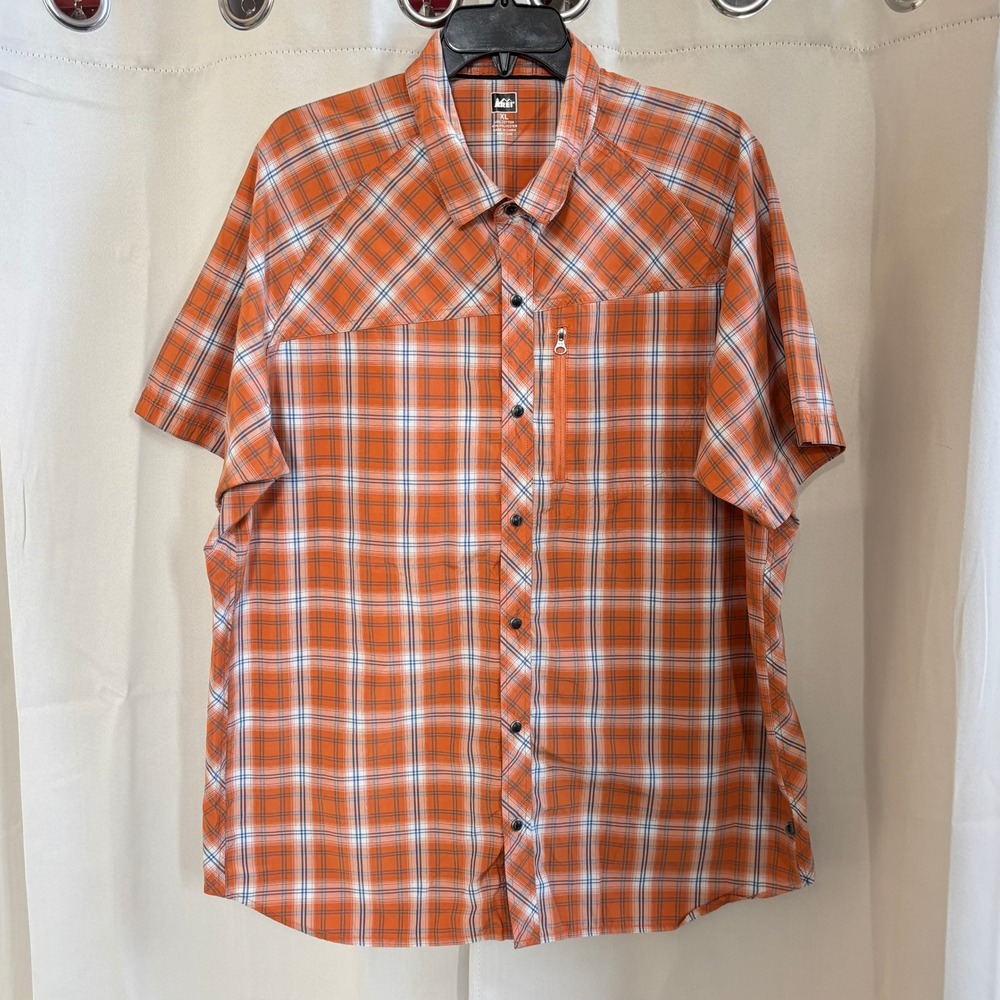REI Mens Plaid Western Short Sleeve Snap Shirt Orange Size XL Workwear 19502